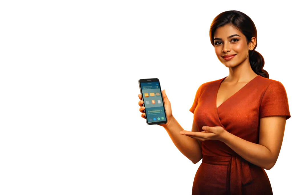 App security banner with a Bangladeshi woman holding a smartphone and security icons
