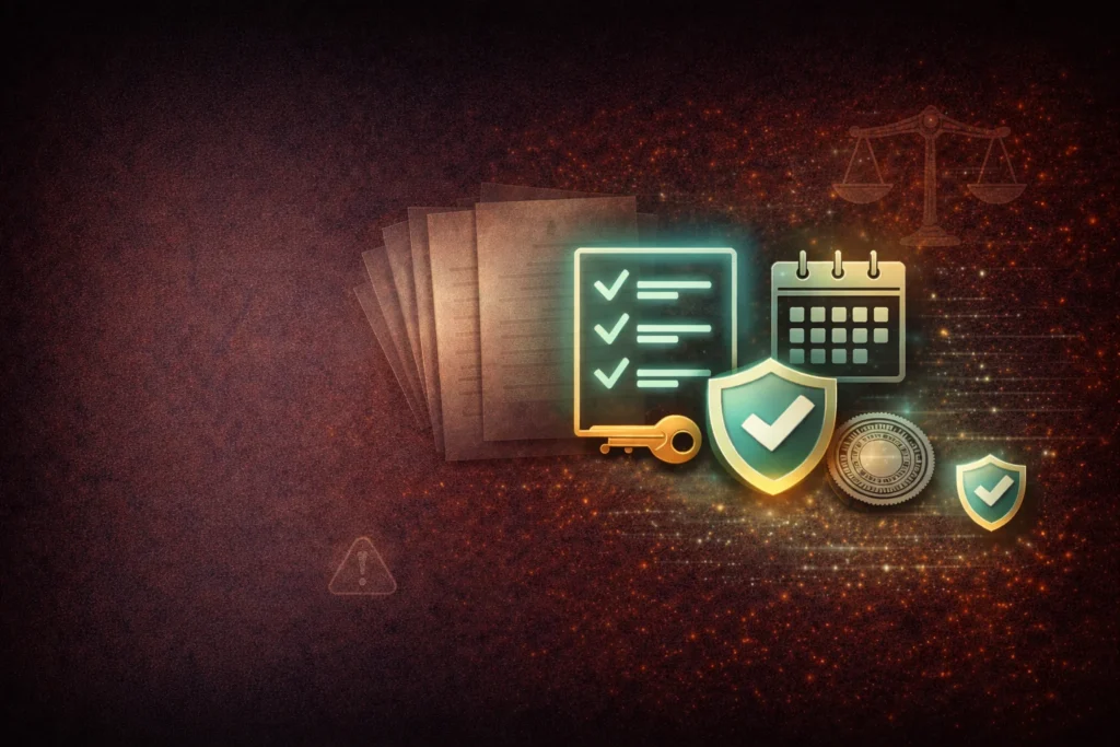 Full-width bonus terms banner with documents and checklist icons for transparent rules