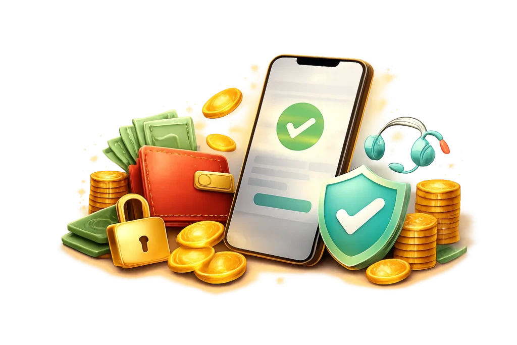 Payment safety banner with shield and wallet icons for deposits and withdrawals