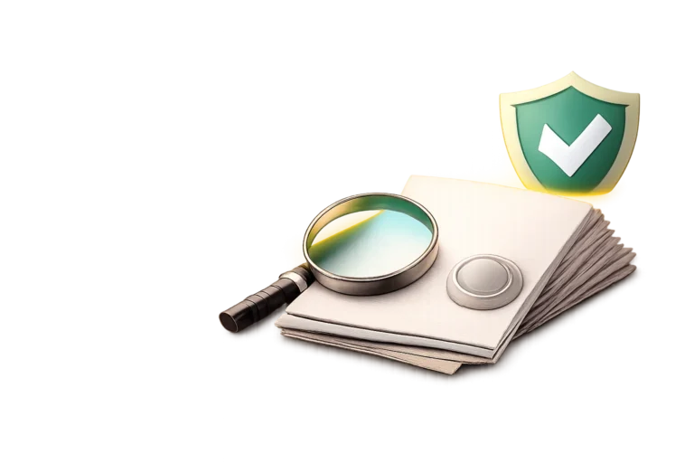 License and operator banner with documents, verification magnifying glass and trust shield icons