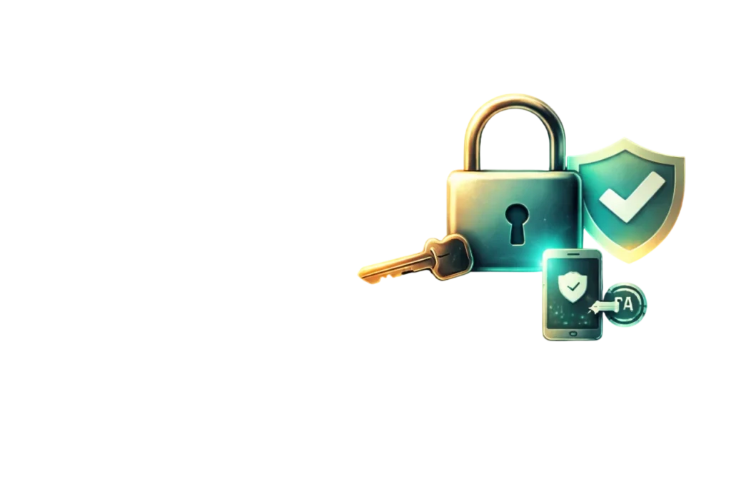 Full-width account security banner with padlock and shield icons for safe login and anti-scam protection